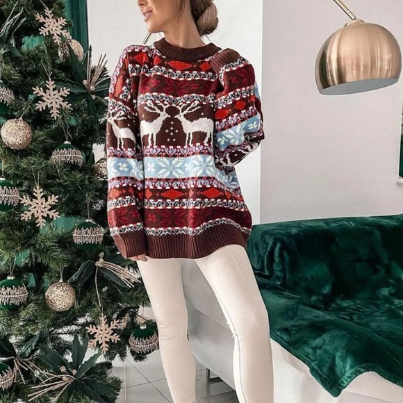 Geometric Round Neck Dropped Shoulder Sweater - Picture 2 of 11